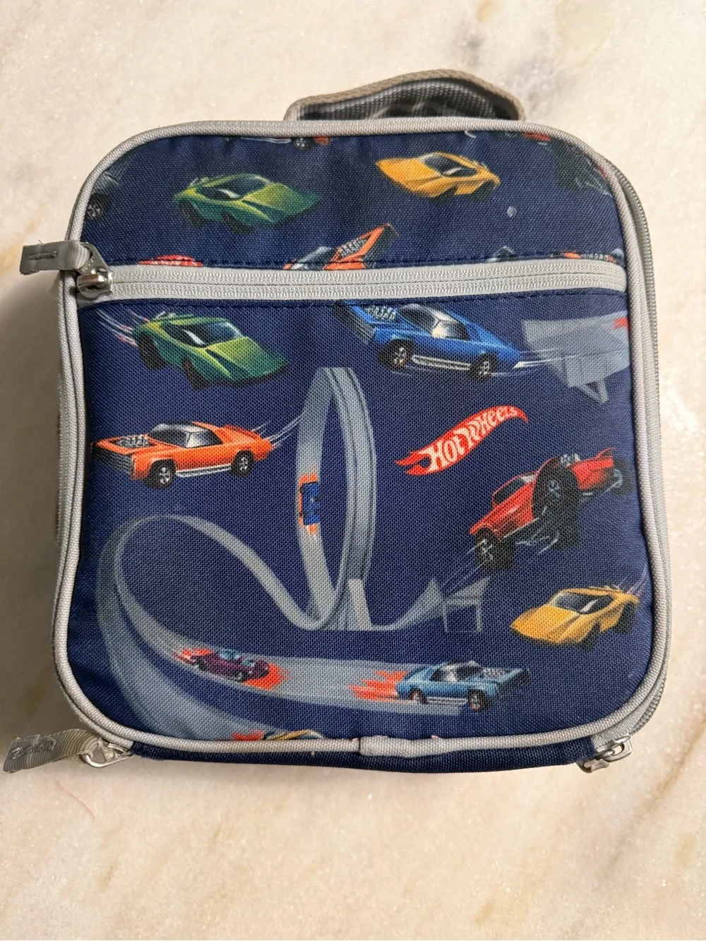 Pottery barn kids Navy Blue Kids Lunch Bag with hot wheels Race Car Print